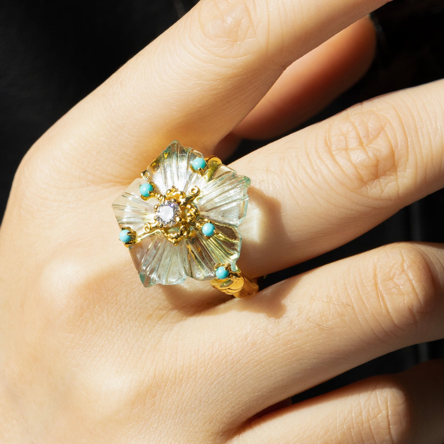 Dewdrop Bloom Floria Diamond Engraved Blue Topaz Turquoise Adjustable Ring