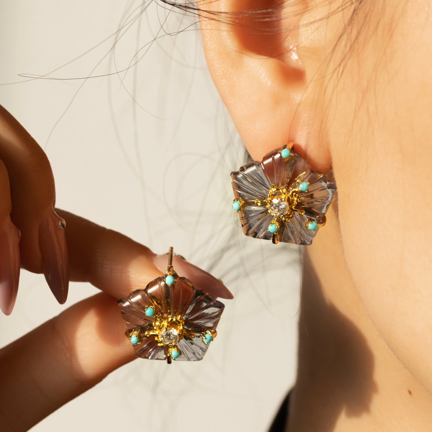 Dewdrop Bloom Floria Diamond Engraved Crystal Turquoise Amethyst Earring