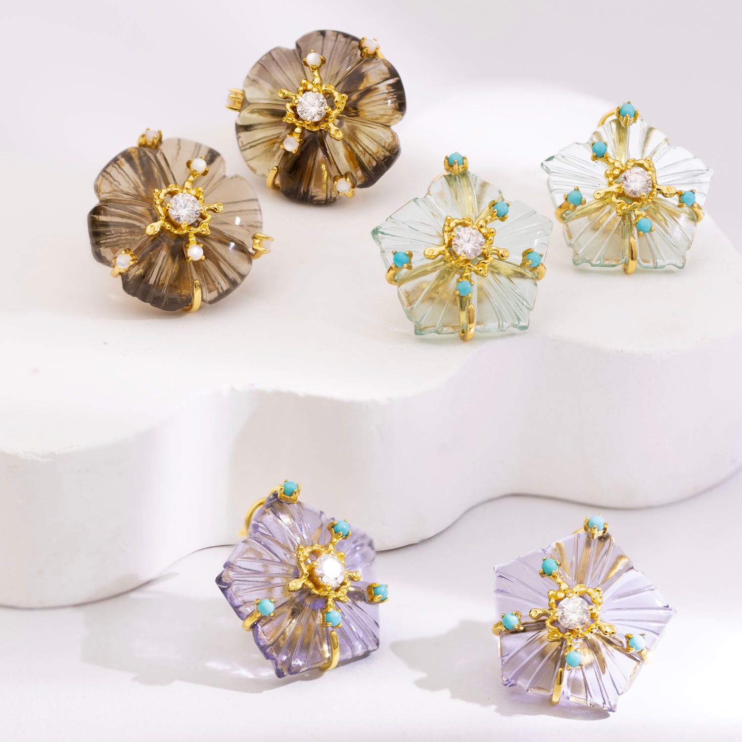 Dewdrop Bloom Floria Diamond Engraved Crystal Turquoise Amethyst Earring