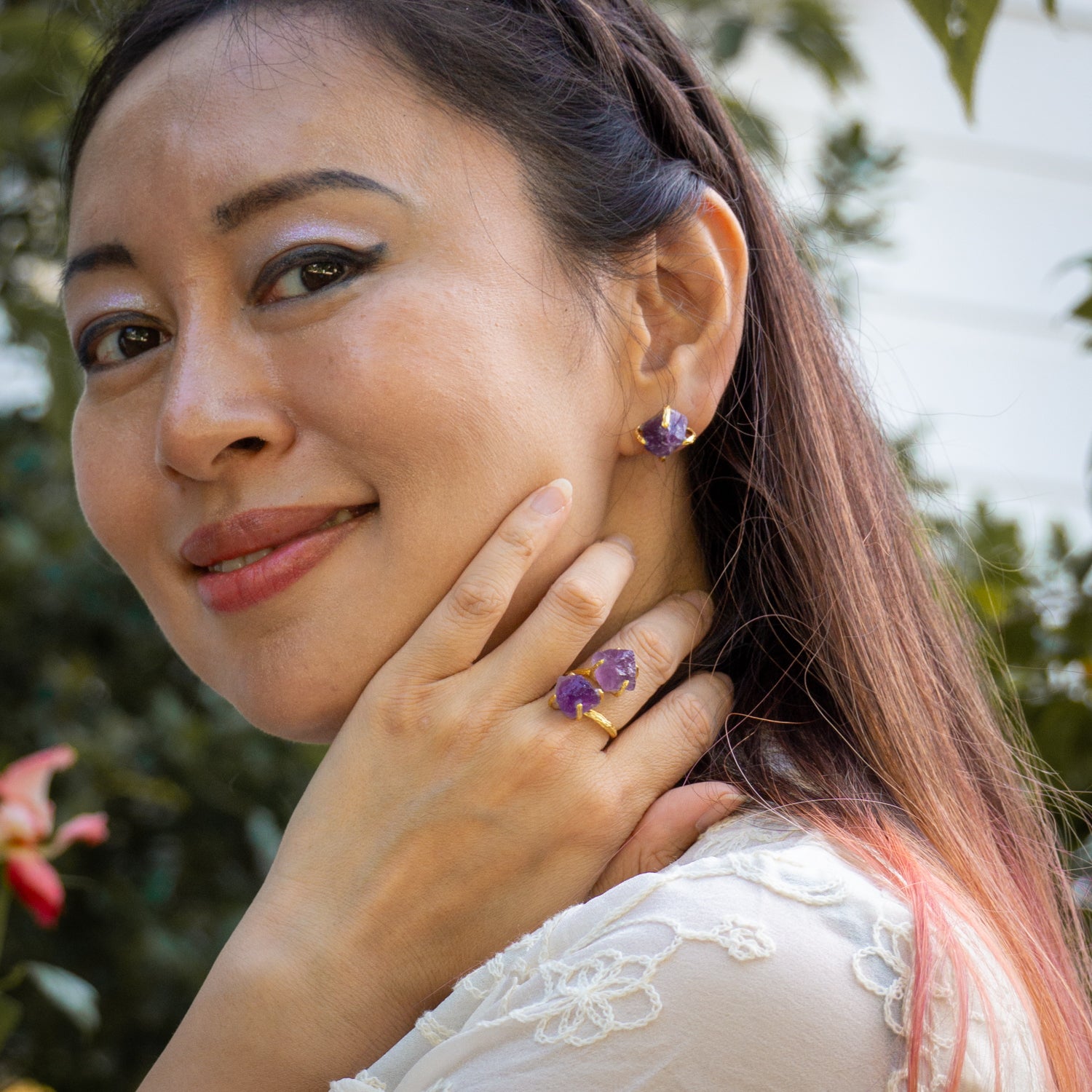 Elemental Birthstone Natural Amethyst Stud Earrings