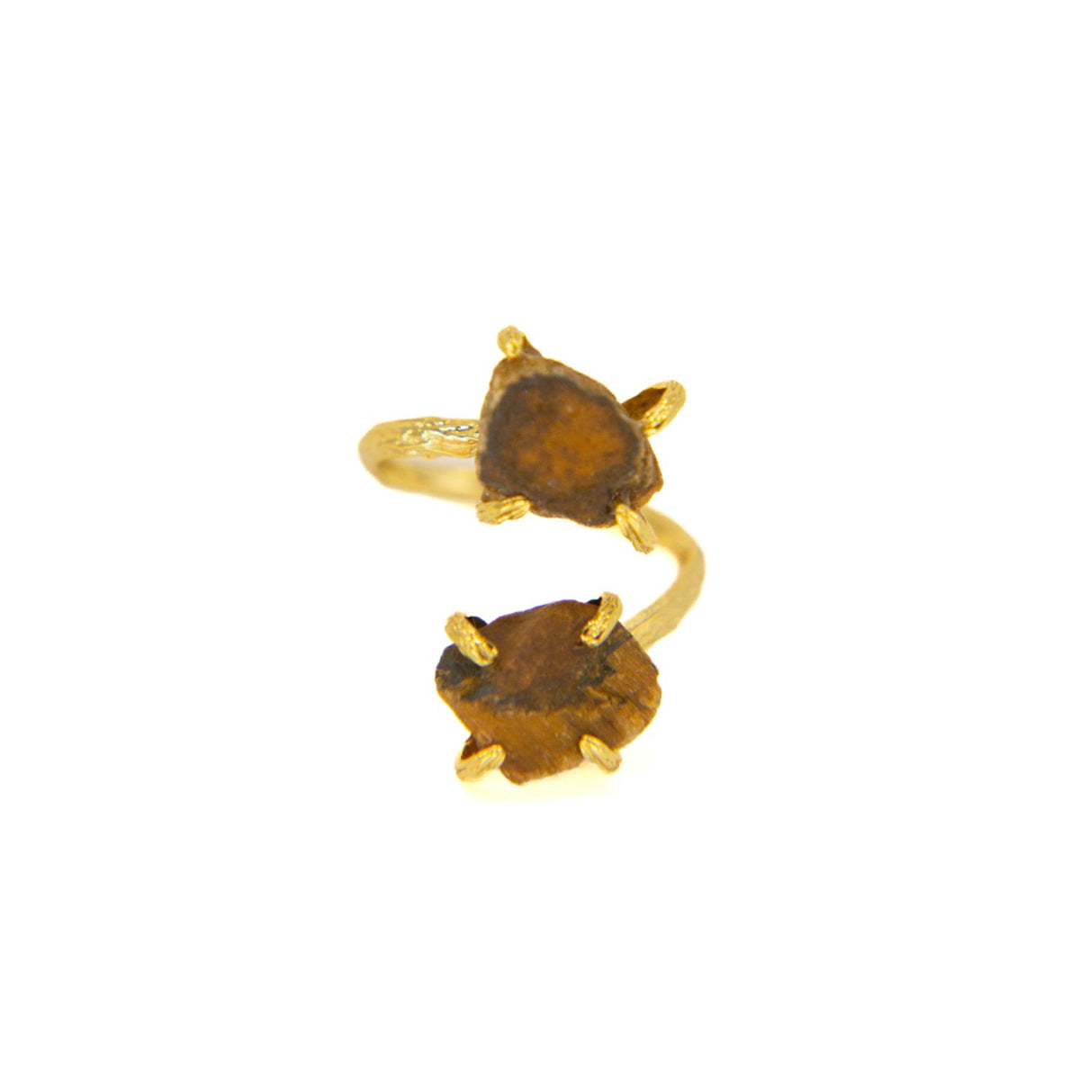 A gold Elemental Rose Tiger’s Eye Ring by WJY studio featuring two rough, dark brown gemstones in separate prong settings, shown against a plain white background.