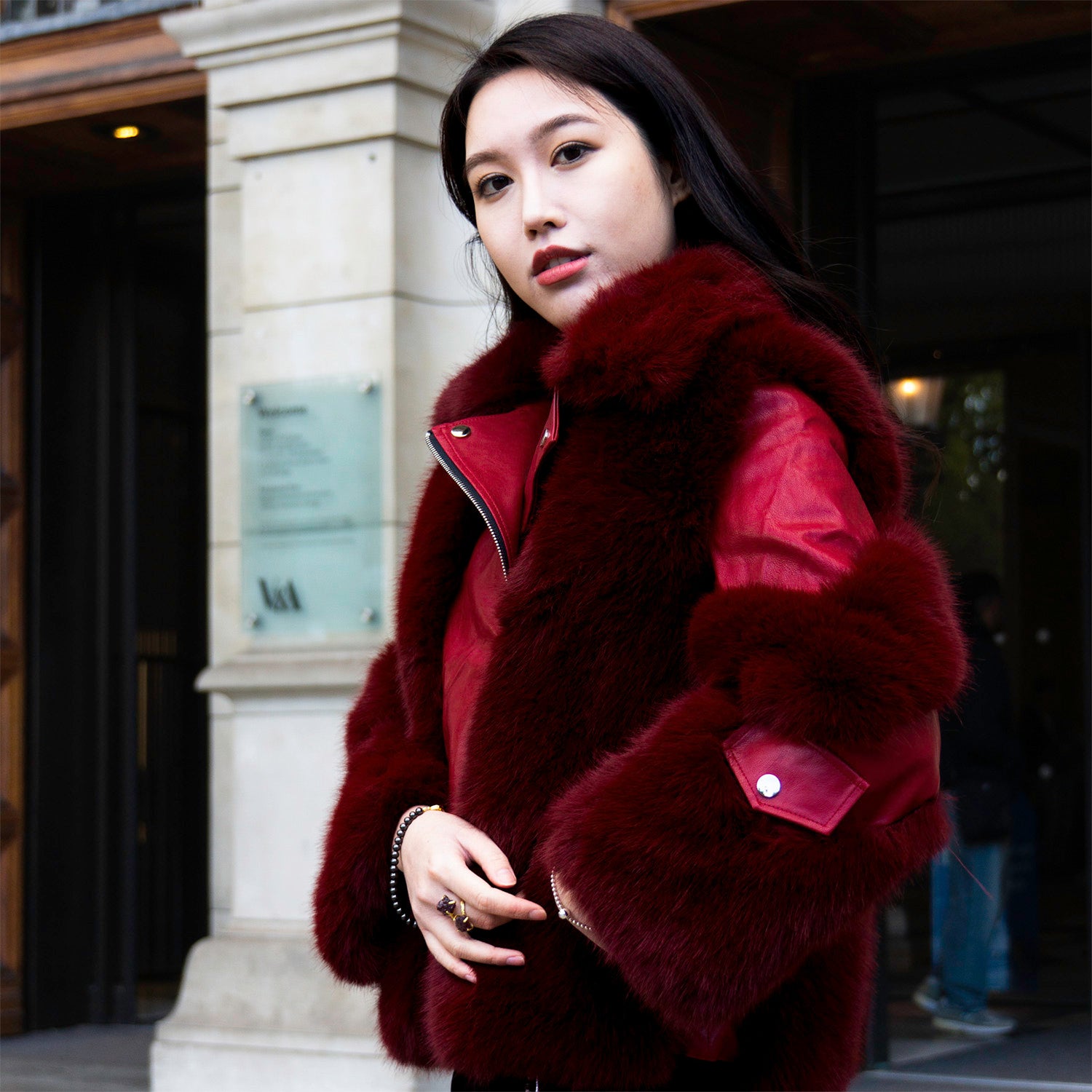 Eco-friendly Red Jacket Coat Faux Fur Leather  Zipper