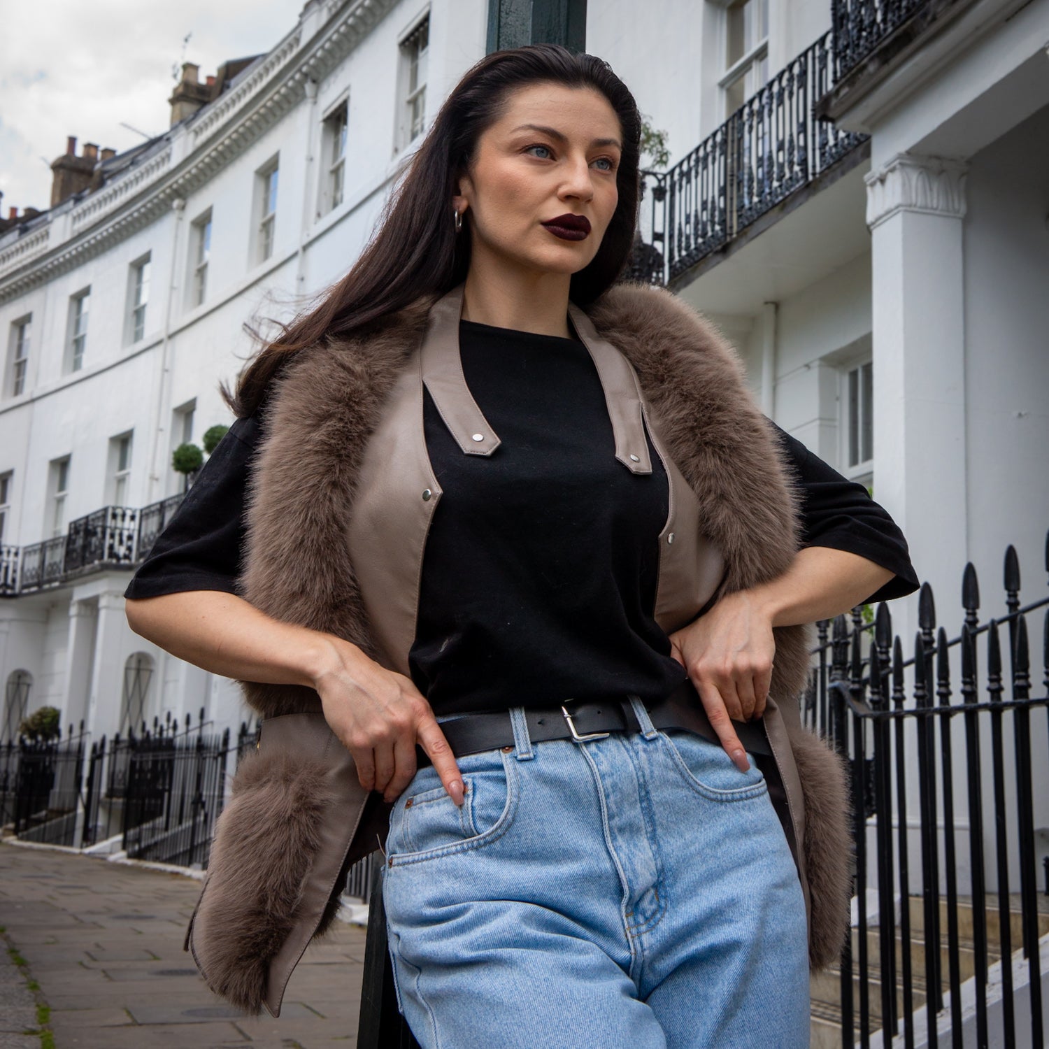 Galaxy Vest Faux Fur Brown Leather Zipper