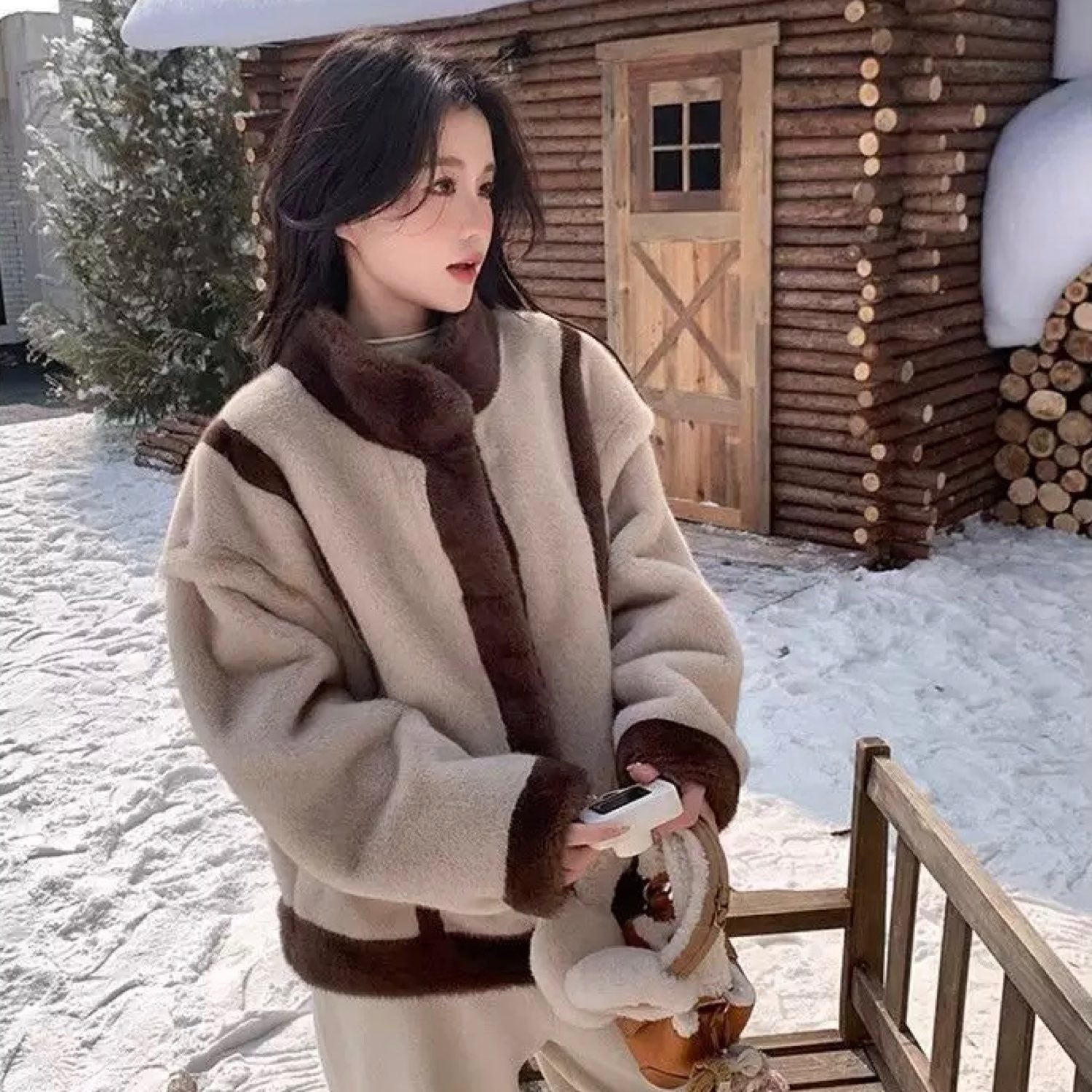 Galaxy Super Soft Eco-friendly High Neck Mink Fur Brown Short Coat Jacket