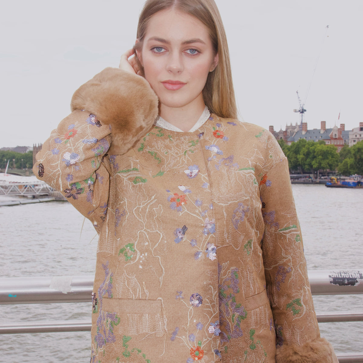Embroidered Cardigan Golden Brown Jacket Coat Stylish Stitching