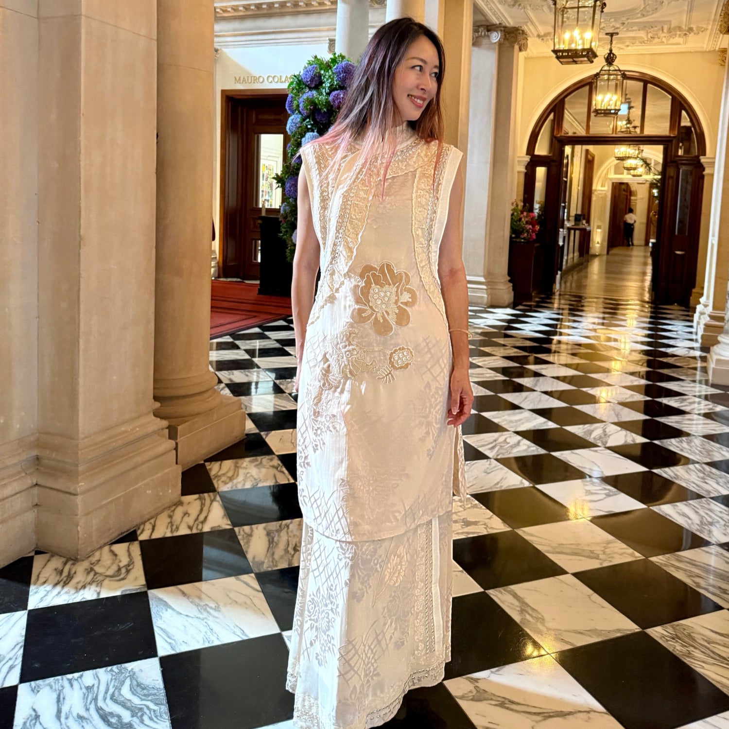 Embroidery Floral Beige Long Skirt