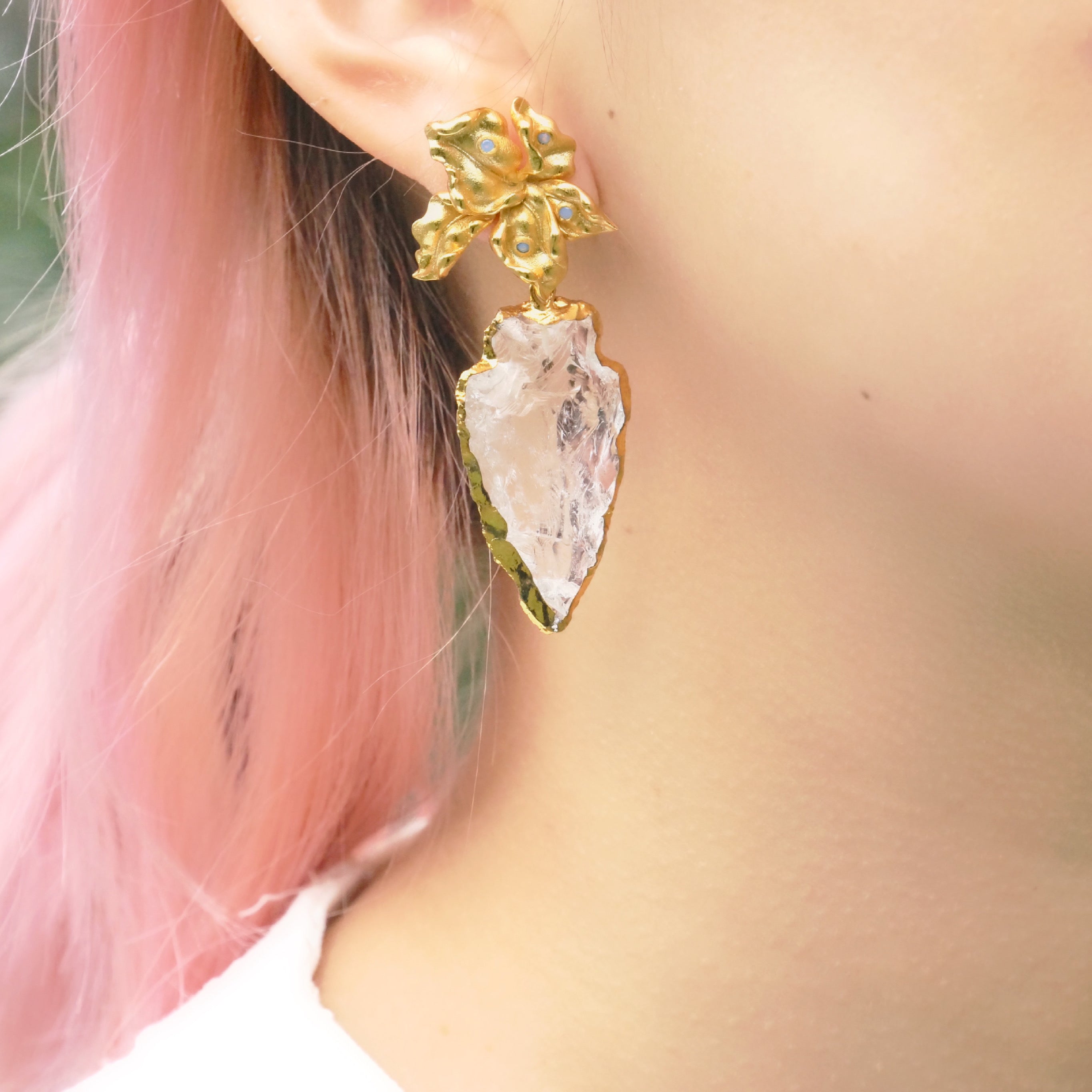 Natural White Crystal Flame Tree Gold-plated Silver