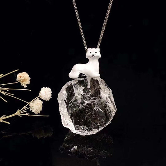 Kitten Enamel White Crystal Pendant Necklace