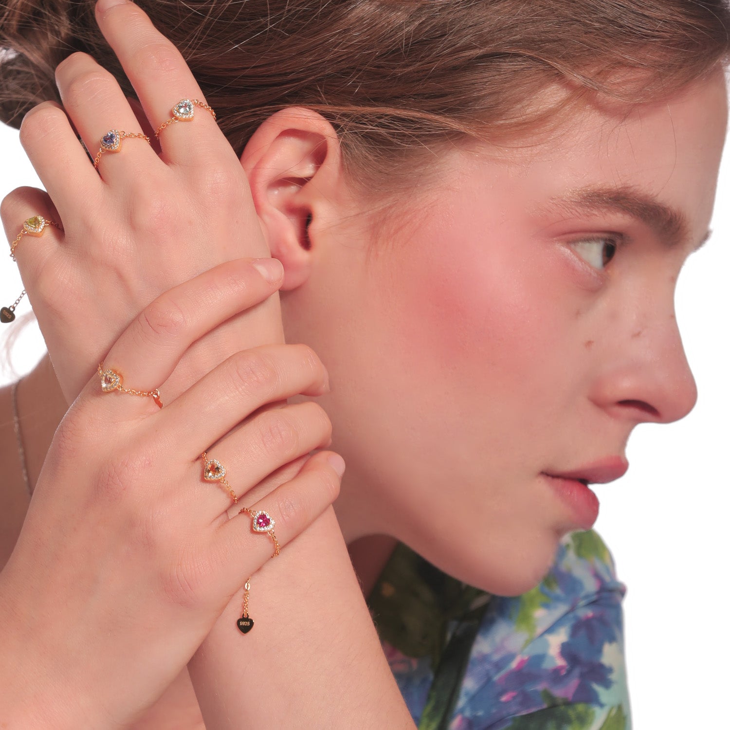 Pink Opal Birthstones Love Heart Zipper Gold Ring