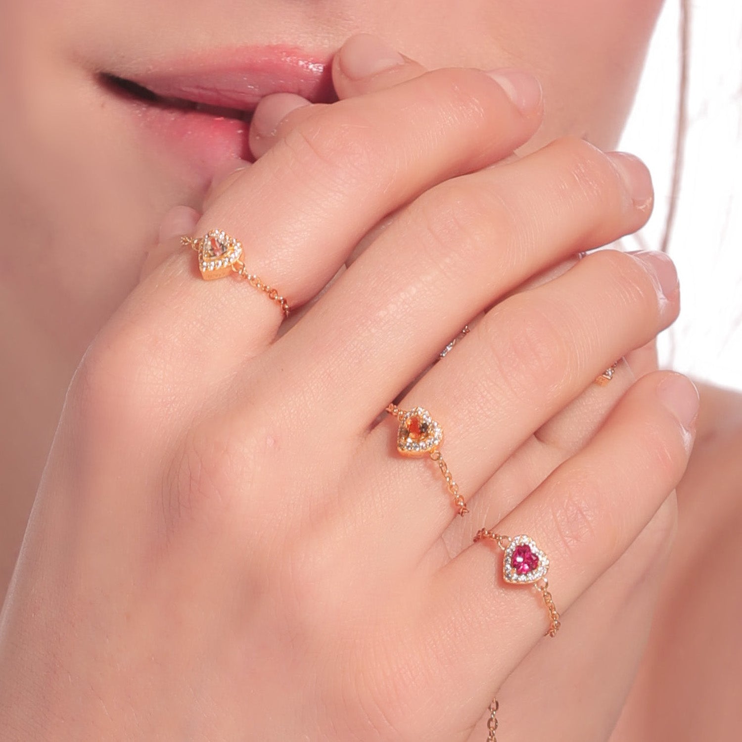 Pink Opal Birthstones Love Heart Zipper Gold Ring