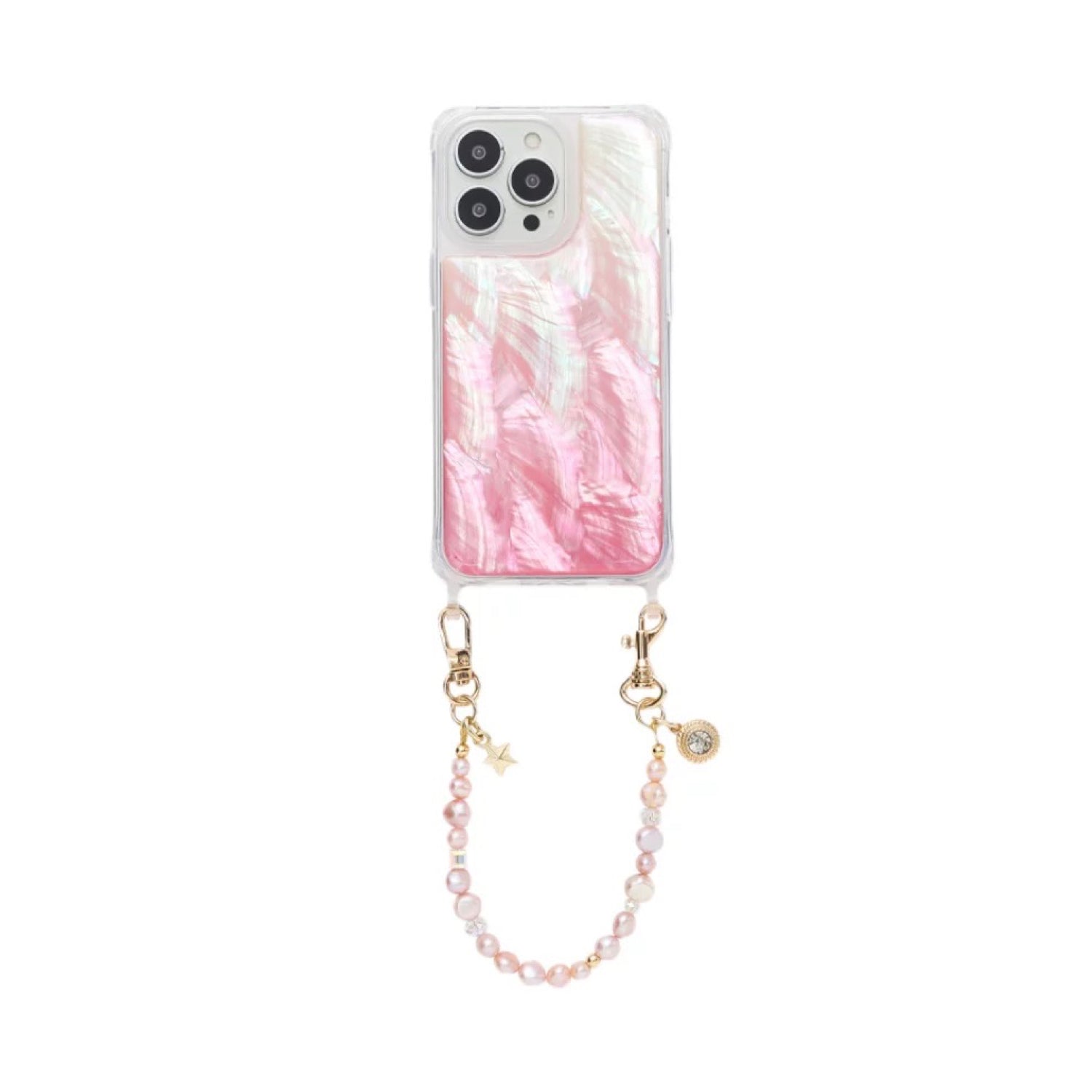 Iridescent Mother-of-Pearl Luxe Phone Case Natural Pearl Chain Pink