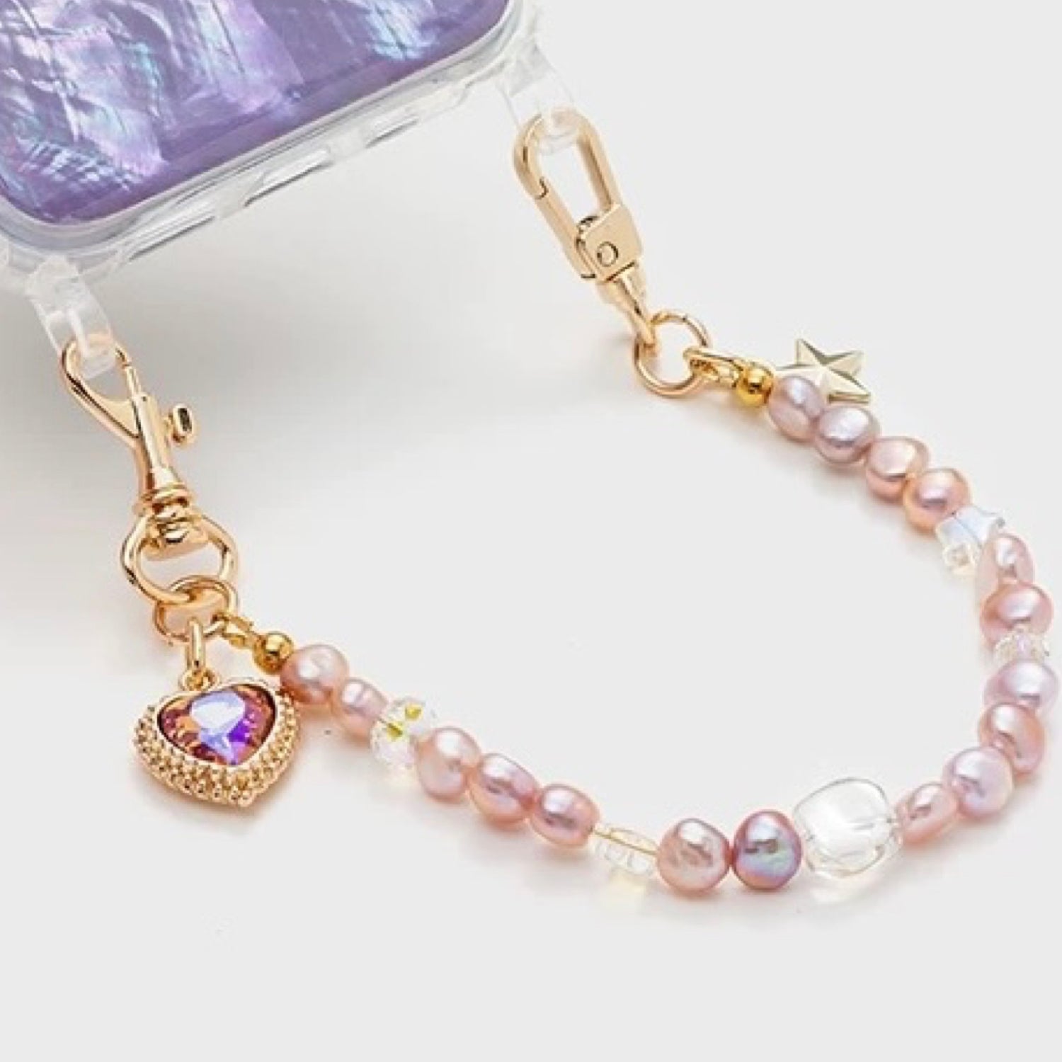 Iridescent Mother-of-Pearl Luxe Phone Case Natural Pearl Chain Purple