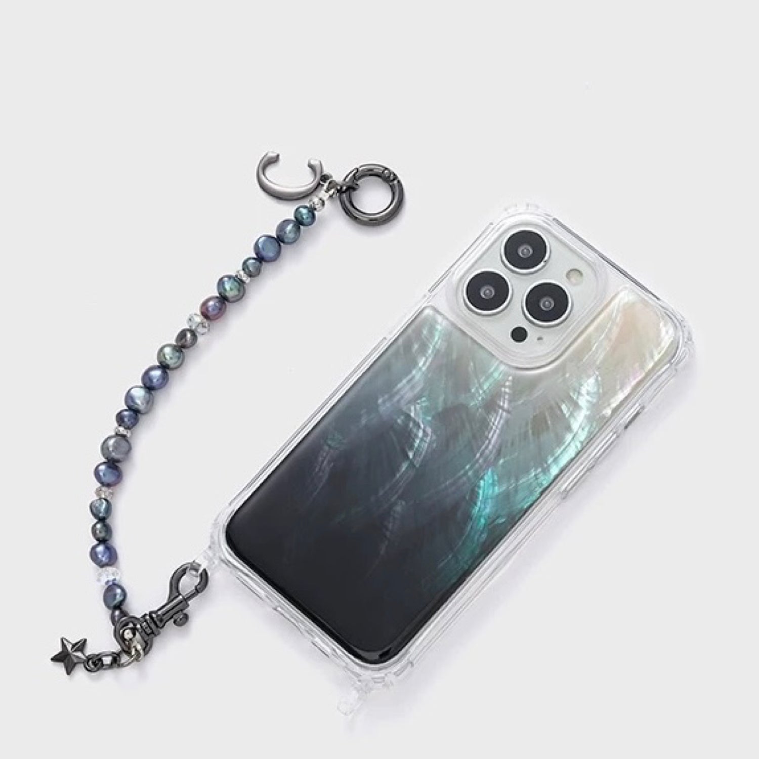 Iridescent Mother-of-Pearl Luxe Phone Case Black Natural Pearl Chain Black Grey