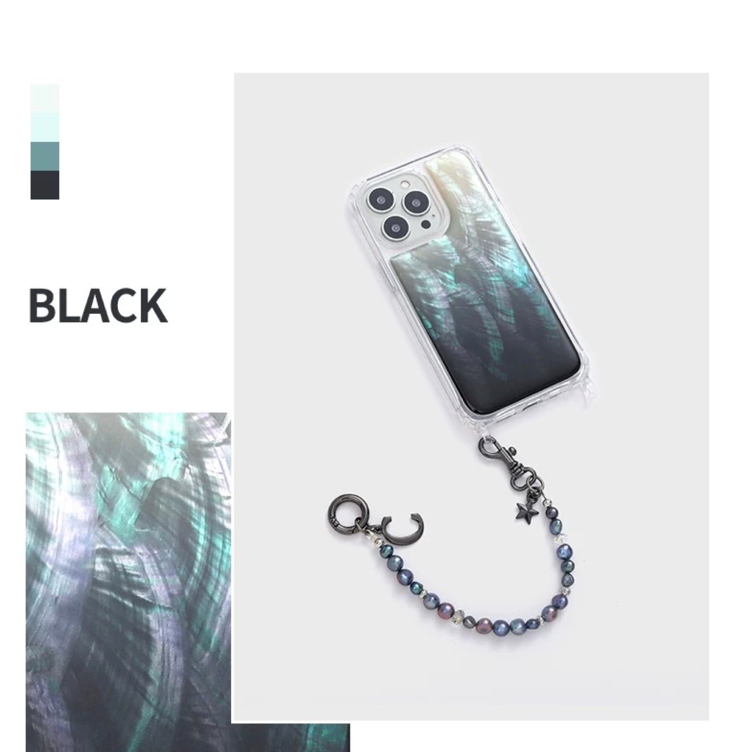 Iridescent Mother-of-Pearl Luxe Phone Case Black Natural Pearl Chain Black Grey