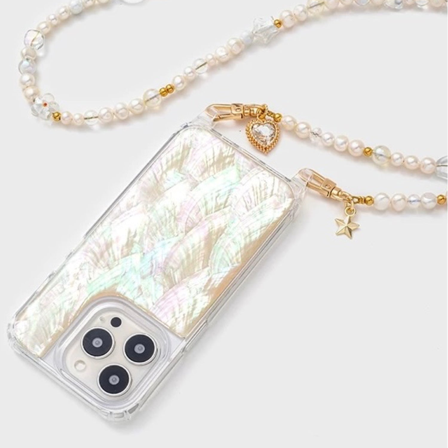 Iridescent Mother-of-Pearl Luxe Phone Case Natural White Pearl Chain