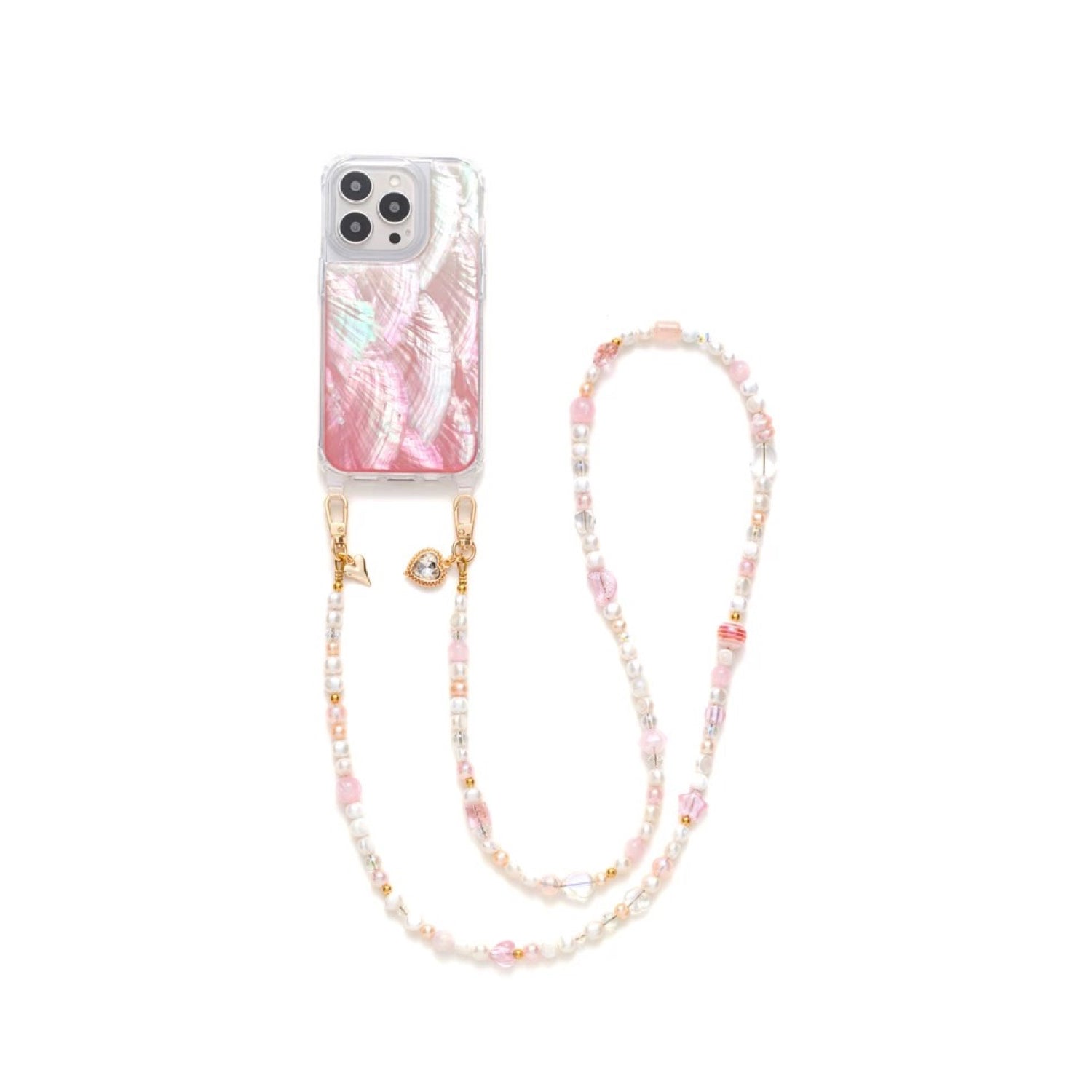 Iridescent Mother-of-Pearl Luxe Phone Case Natural Pearl Chain Pink