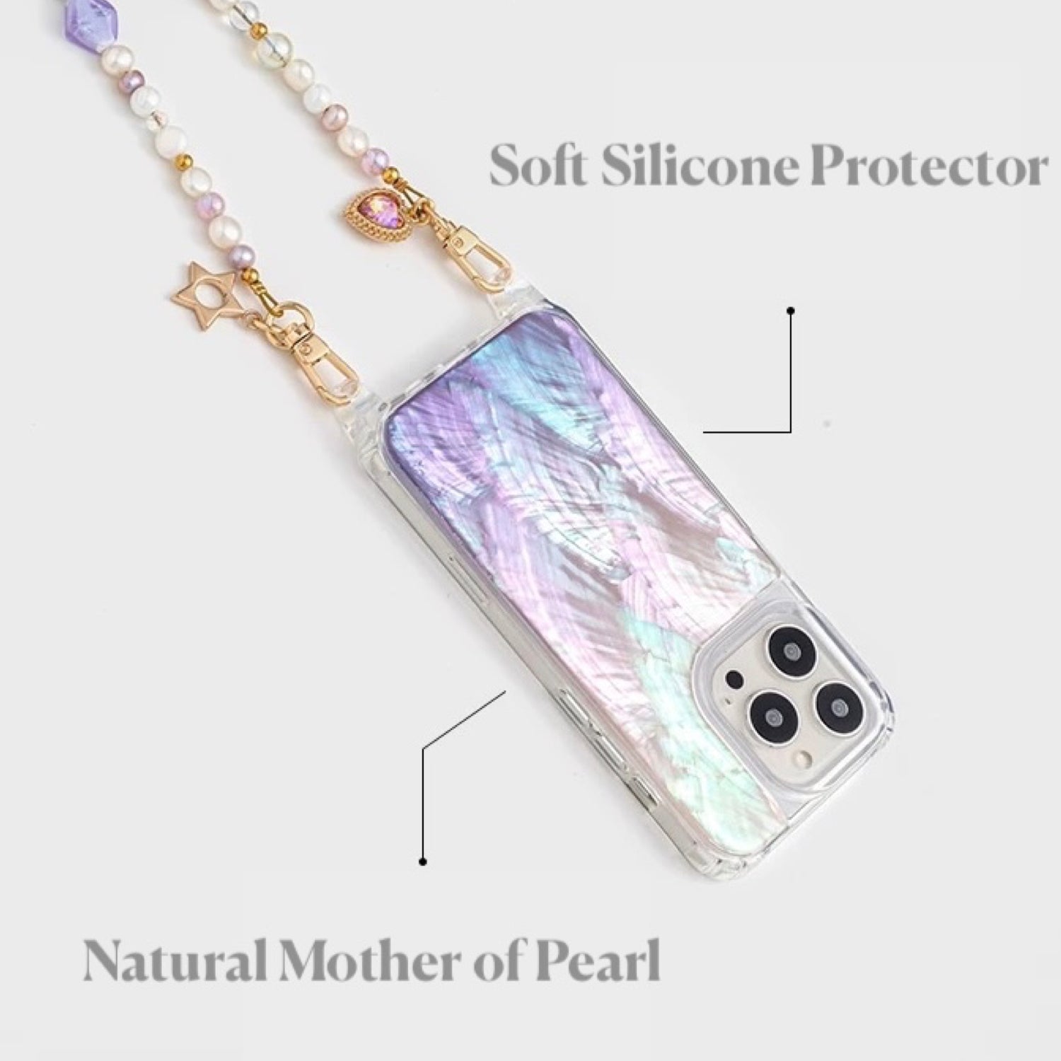 Iridescent Mother-of-Pearl Luxe Phone Case Natural Pearl Chain Purple