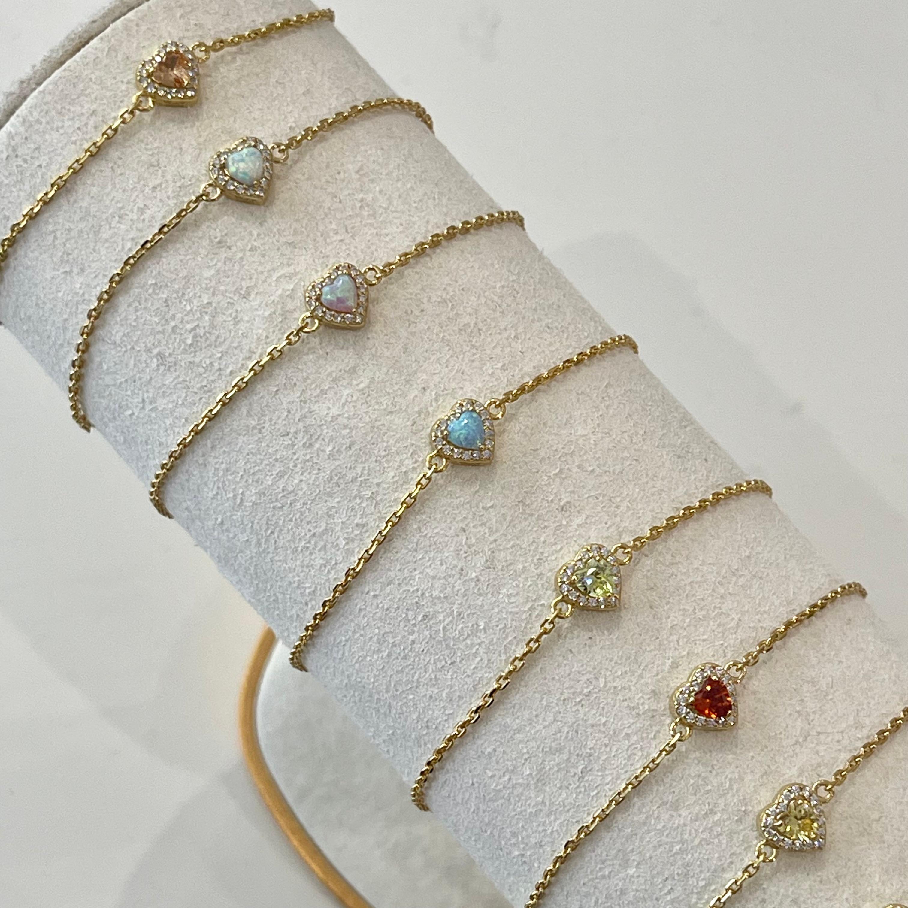 Birthstones Pink Opal Heart Gold Plated Adjustable Bracelet / Anklet