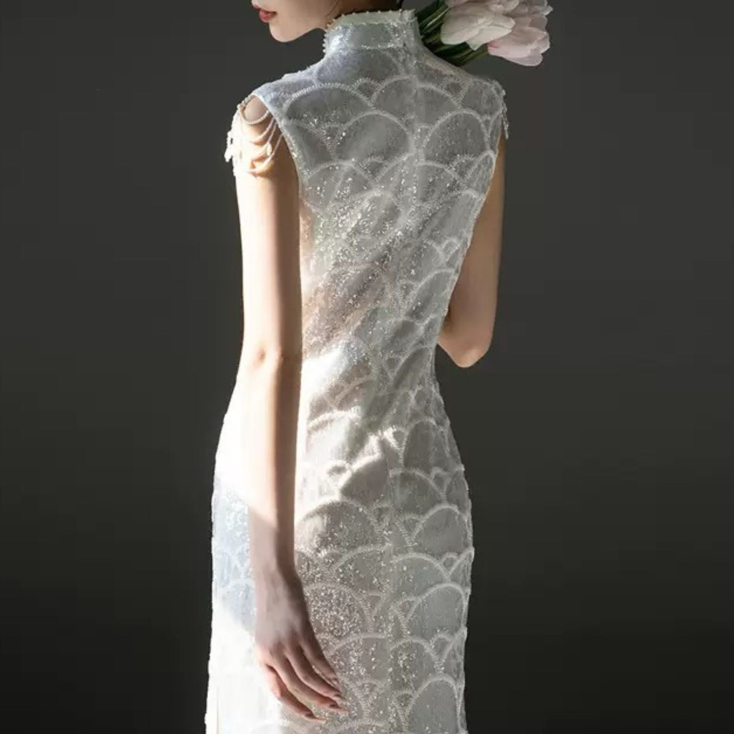 Embellished Elegant Pearl Dress In White
