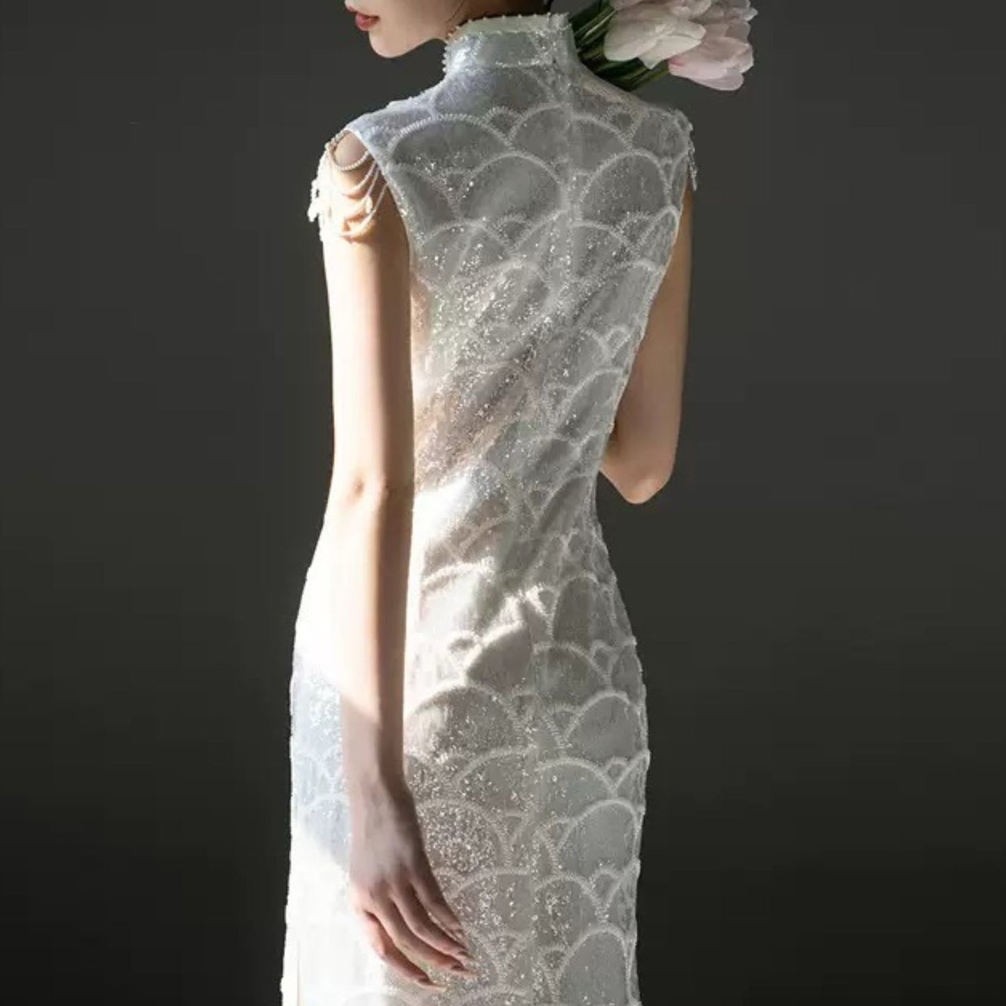Embellished Elegant Pearl Dress In White