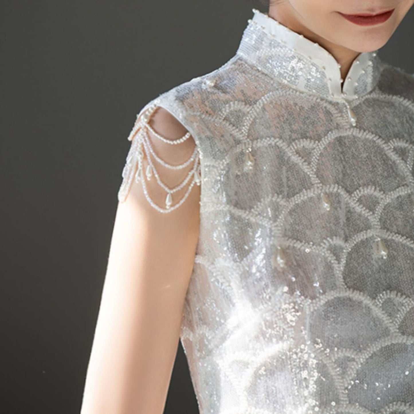 Embellished Elegant Pearl Dress In White