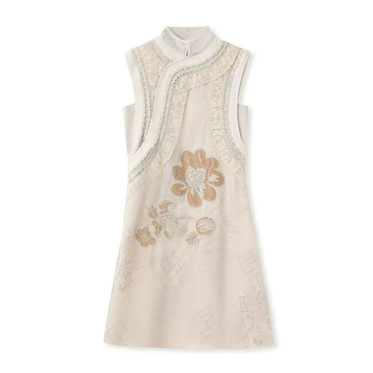 Beige Embroidered Floral Collar Vest & Skirt Co-Ord Set
