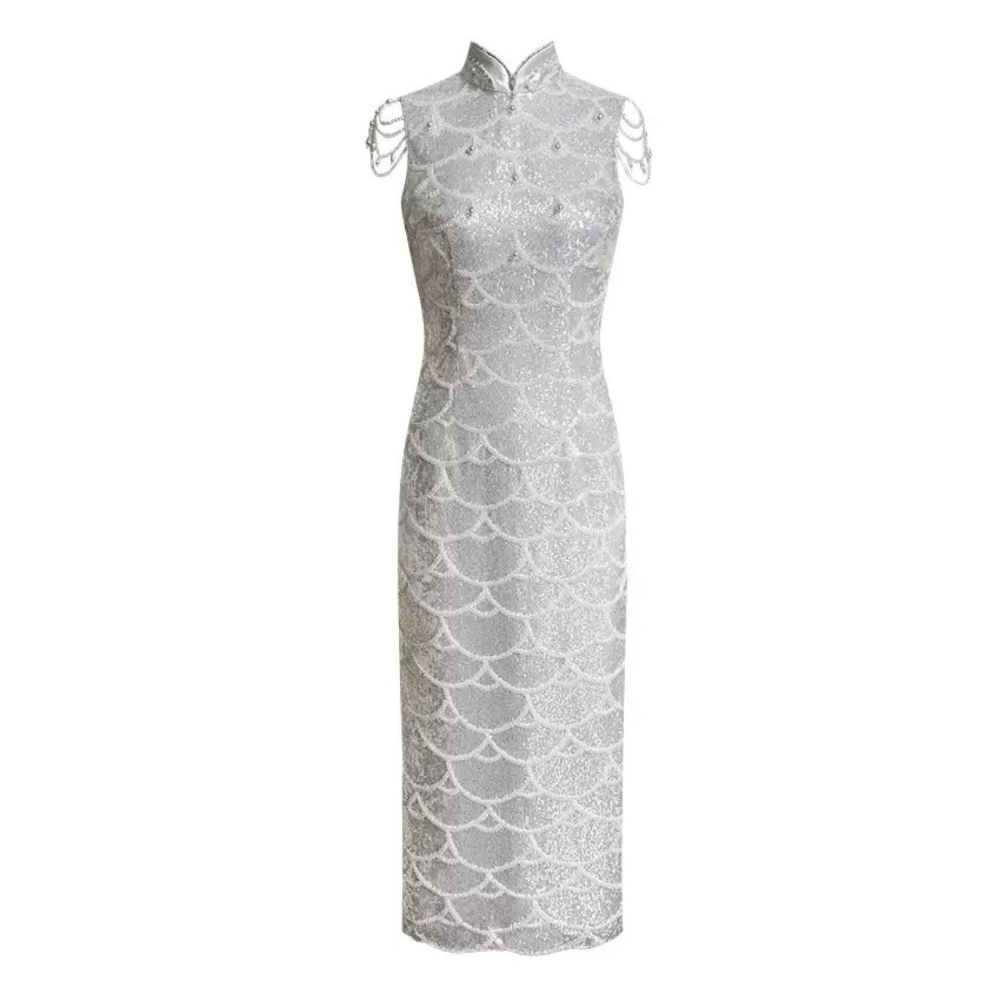 Embellished Elegant Pearl Dress In White