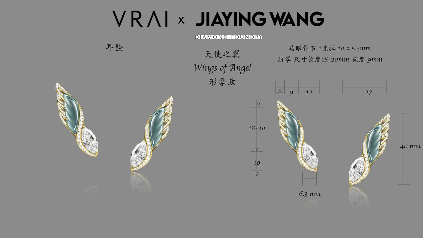 Handmade Engraving Jade Diamond Angel Wing Earring