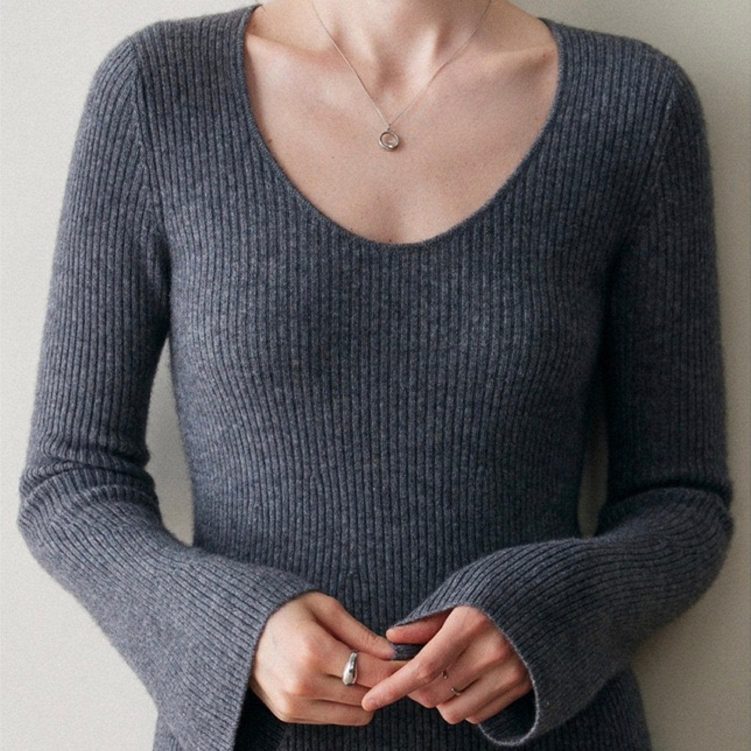 Cashmere Slim-fit Versatile Mid-length Skirt and Stretch Sweater Dress Lavender Dark Grey