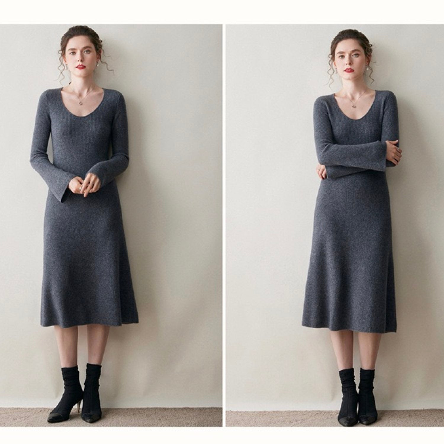 Cashmere Slim-fit Versatile Mid-length Skirt and Stretch Sweater Dress Lavender Dark Grey
