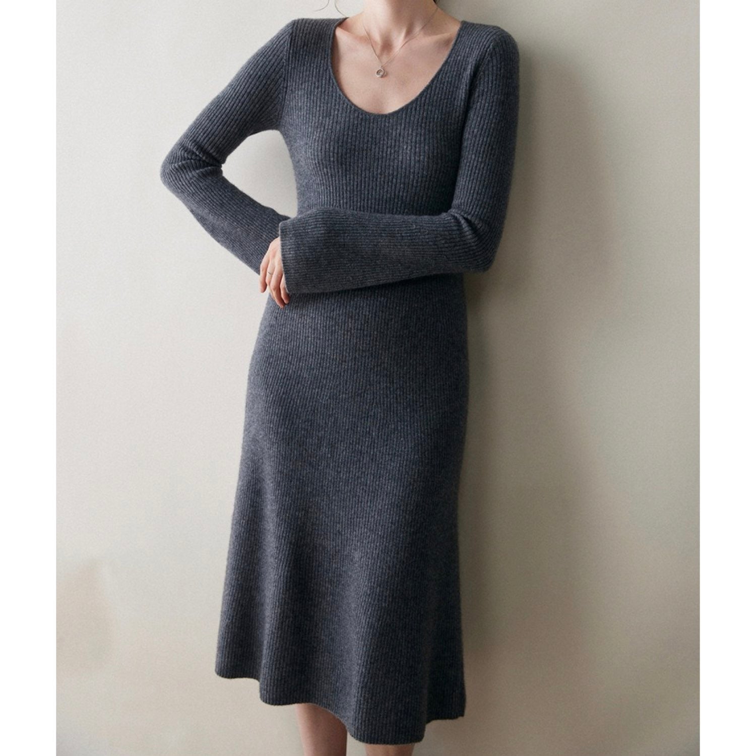 Cashmere Slim-fit Versatile Mid-length Skirt and Stretch Sweater Dress Lavender Dark Grey