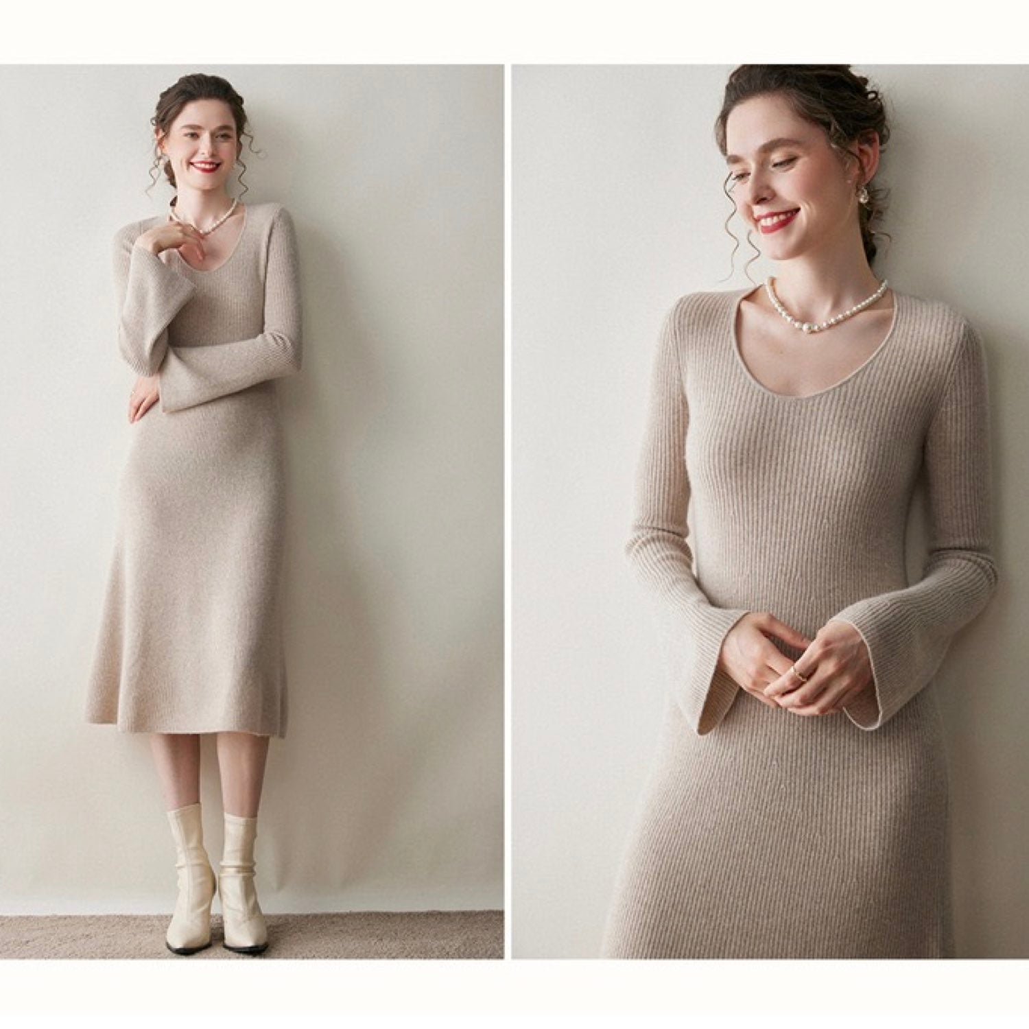 Cashmere Slim-fit Versatile Mid-length Skirt and Stretch Sweater Dress Cream