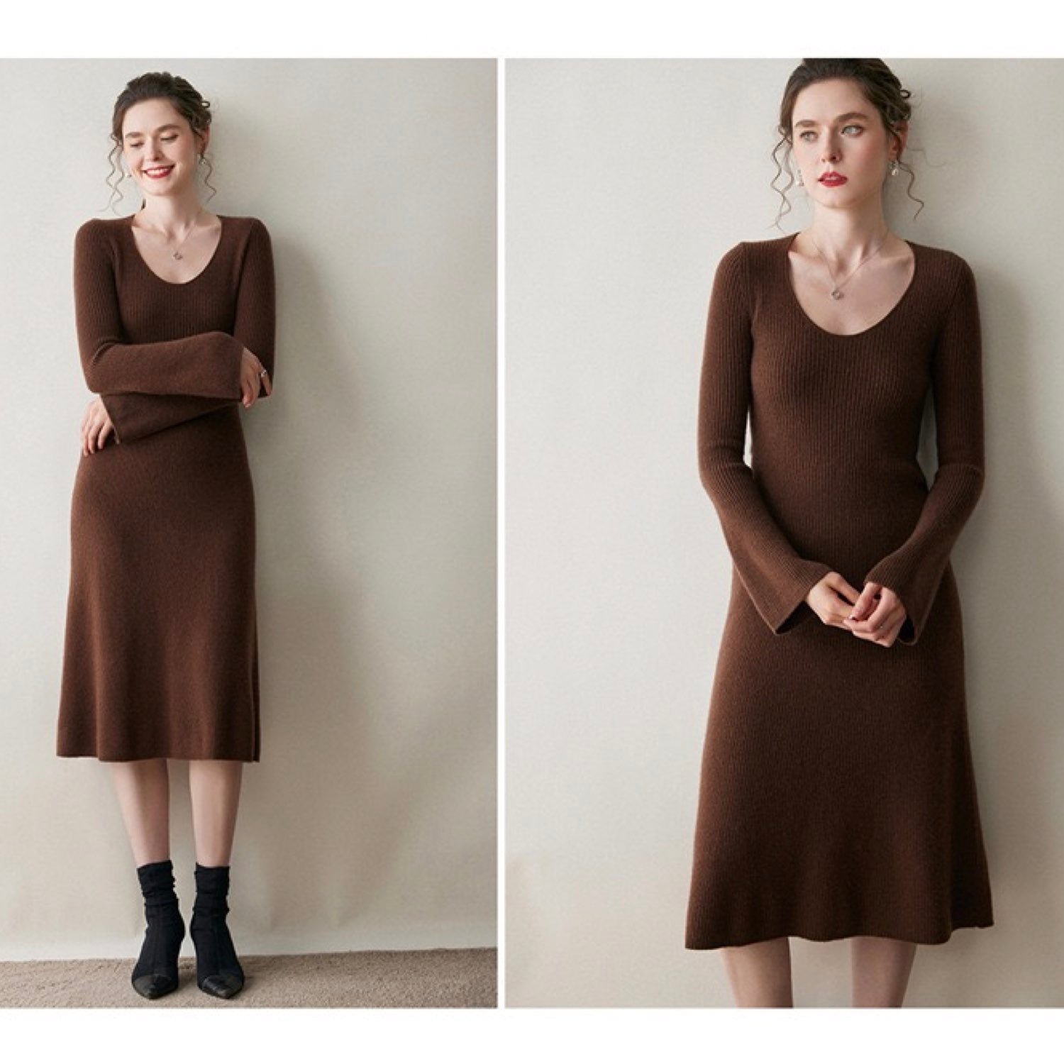 Cashmere Slim-fit Versatile Mid-length Skirt and Stretch Sweater Dress Lavender Dark Red
