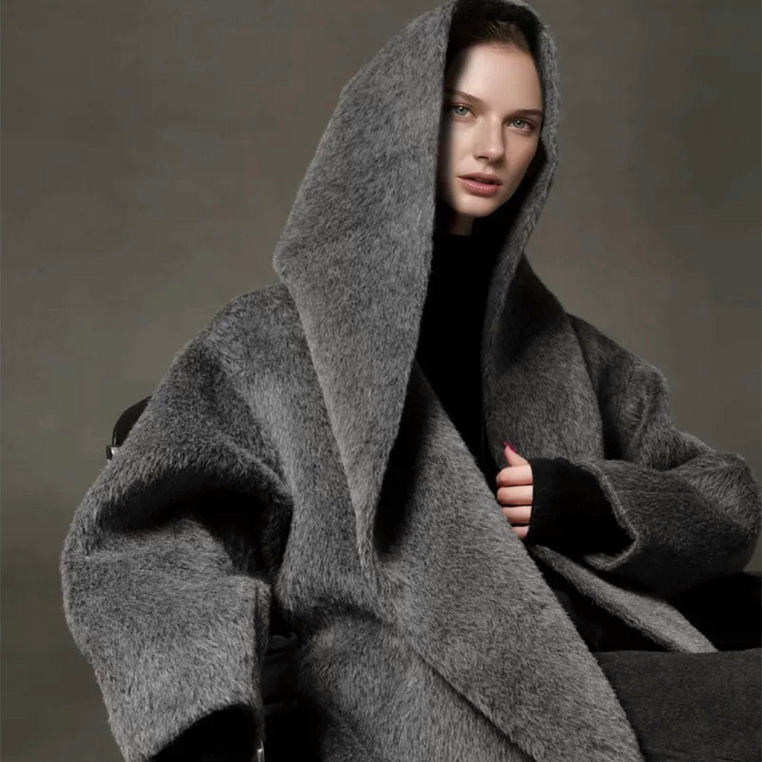 Galaxy Whisper Suri Alpaca Hooded Coat Cape Winter Soft Wool Grey