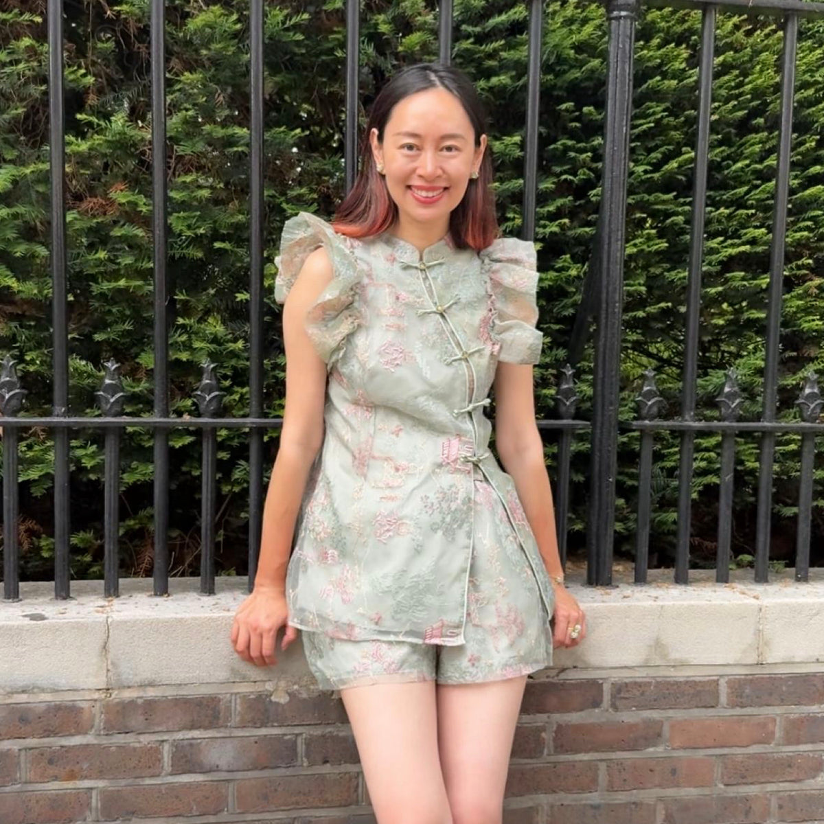 Embroidered Green Stylish Romantic Co-set Short Shirt For Vacation Party Holiday