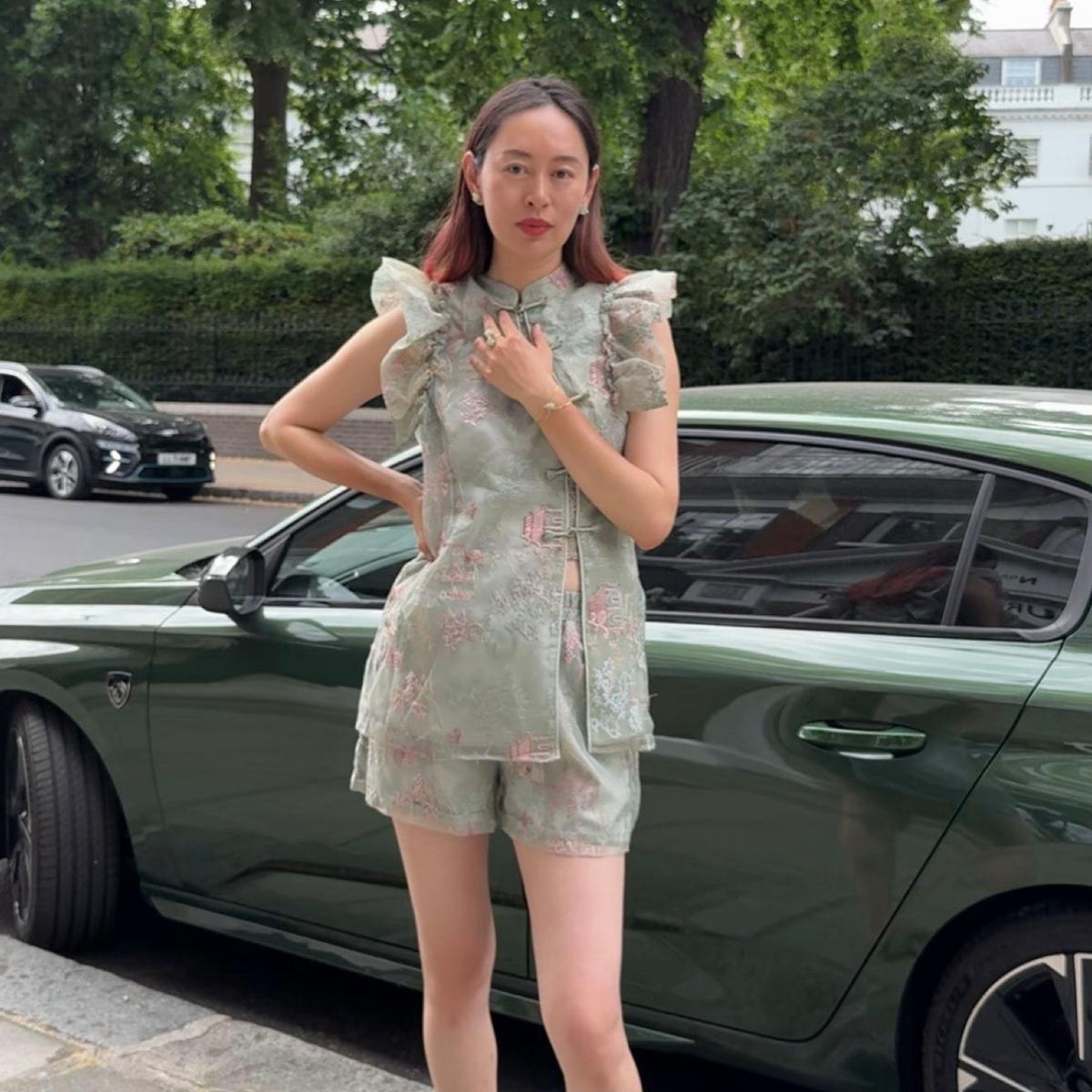 Embroidered Green Stylish Romantic Co-set Short Shirt For Vacation Party Holiday