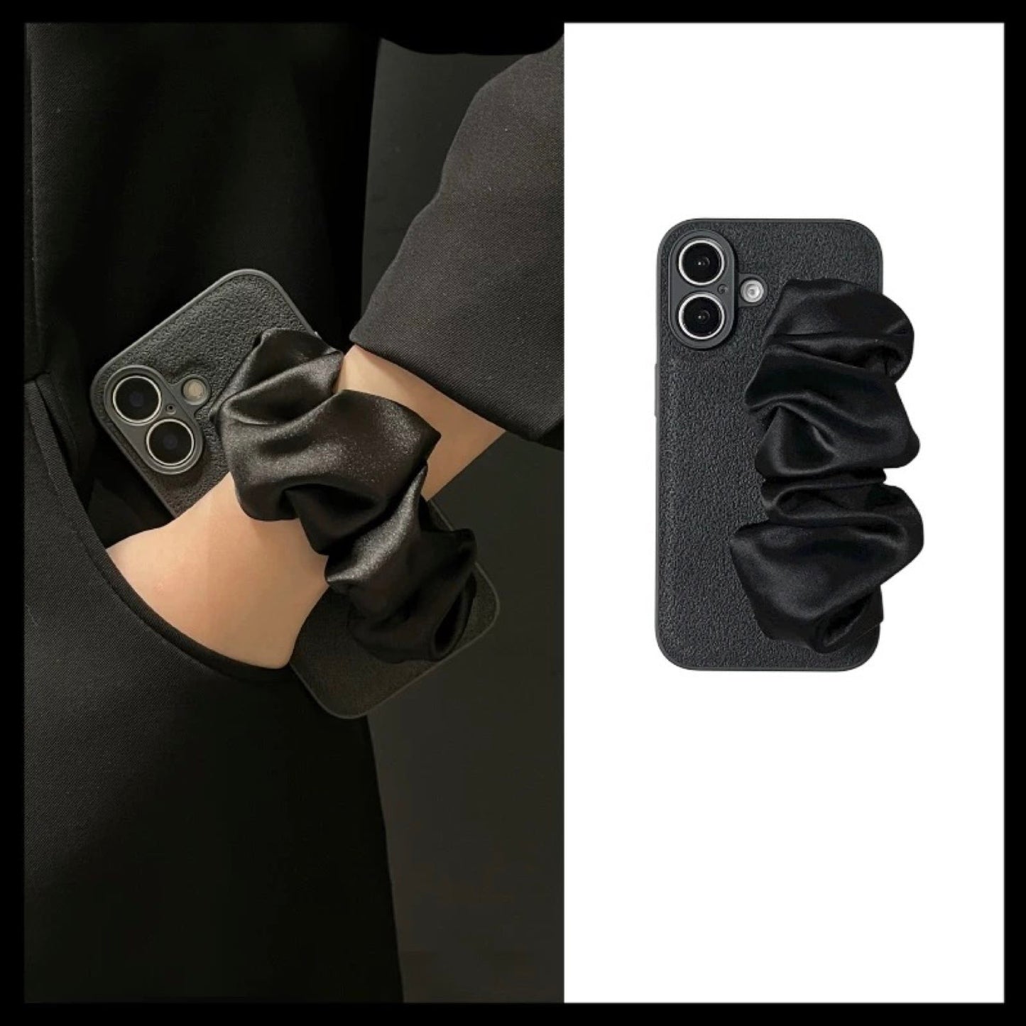 Black Phone Case With Silky Hand Holder