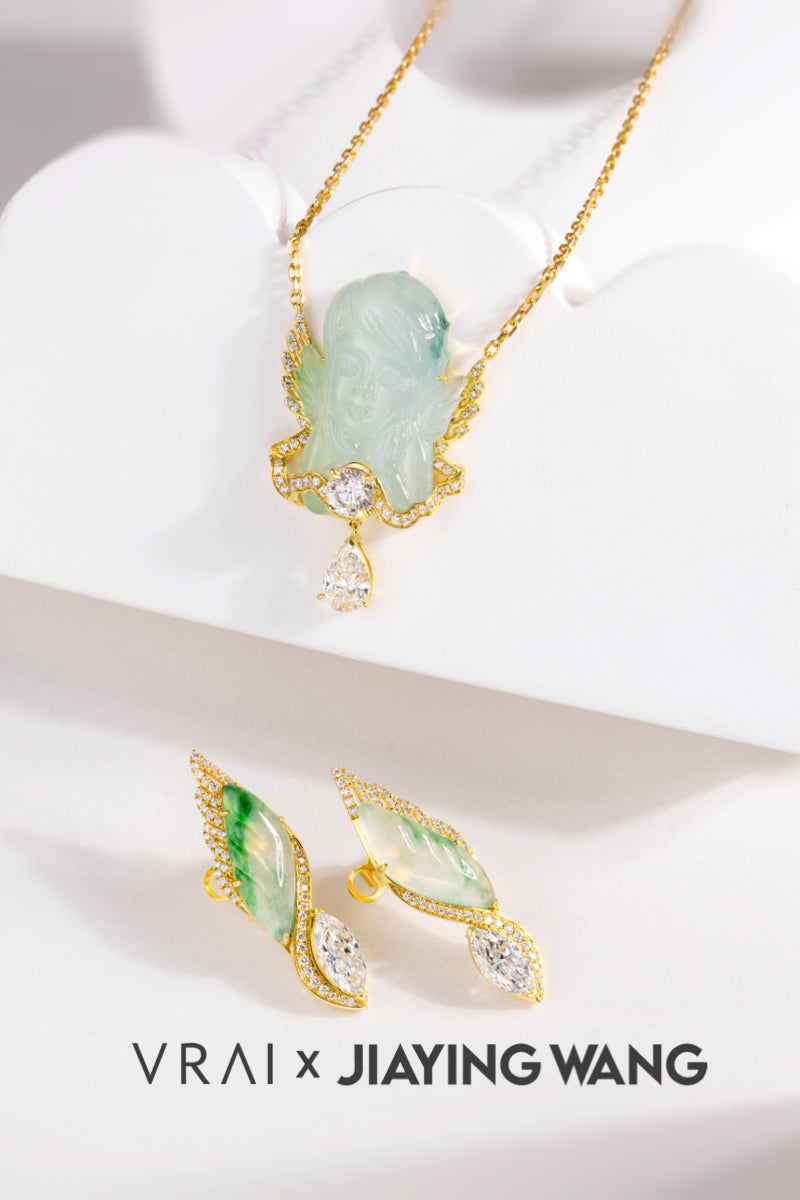 Angel Wing Jade Diamond 18K Gold Earring