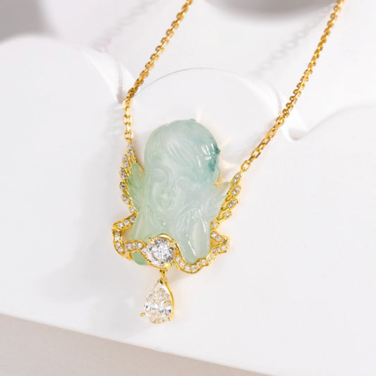 Handmade Engraving Jade Diamond Angel Pendant Necklace