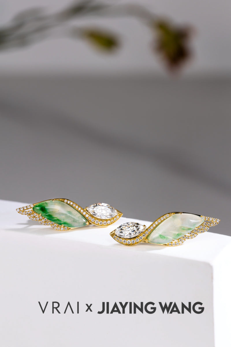 Angel Wing Jade Diamond 18K Gold Earring