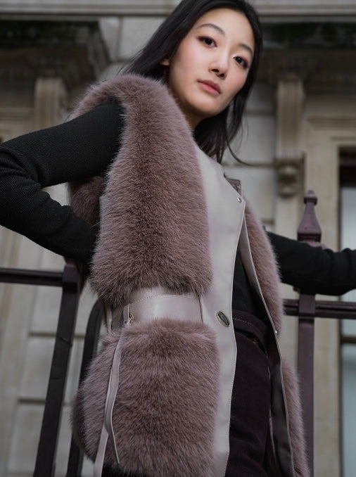 Galaxy Vest Faux Fur Brown Leather Zipper