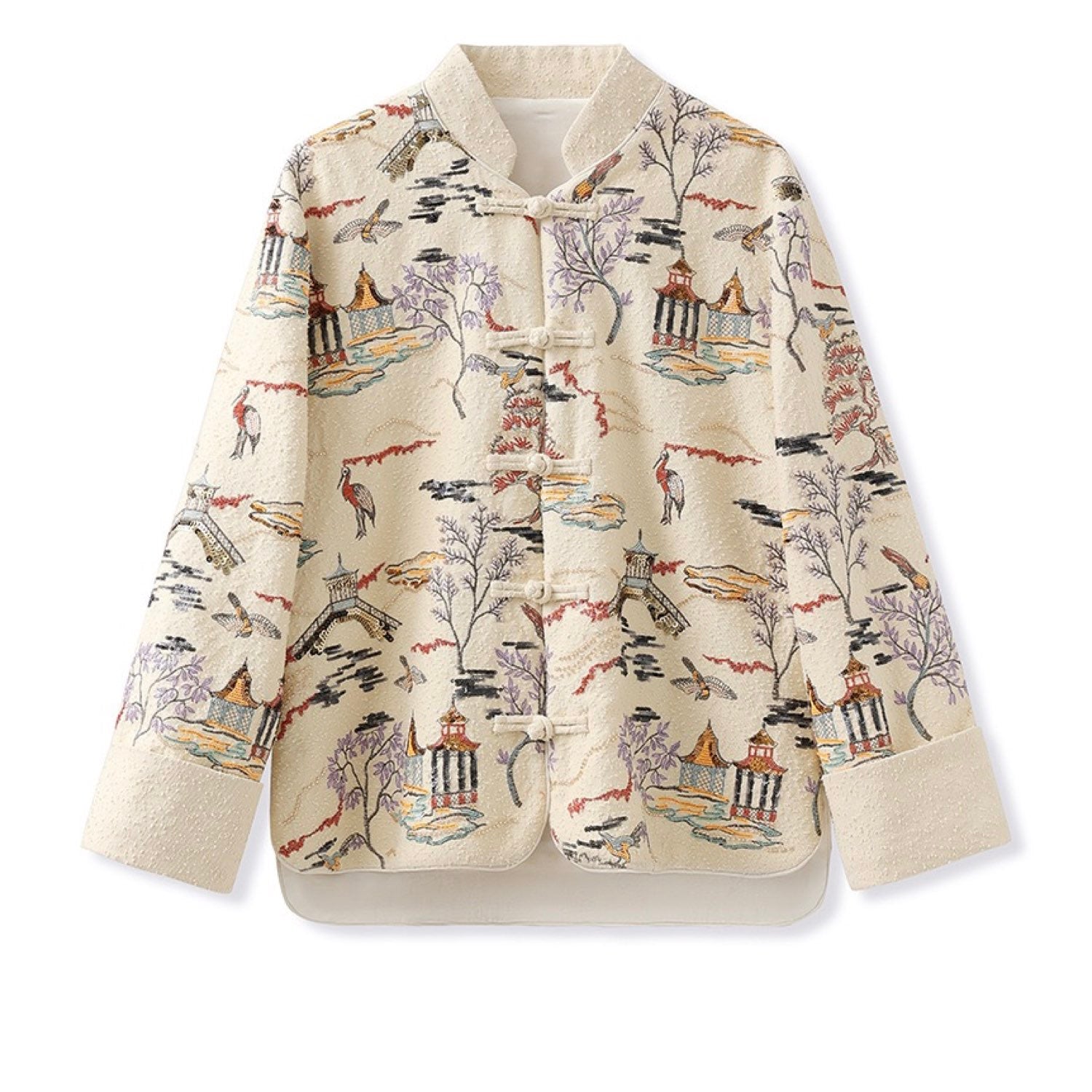Embroidered Oriental Style Painting Stitching Short Coat All Seasons