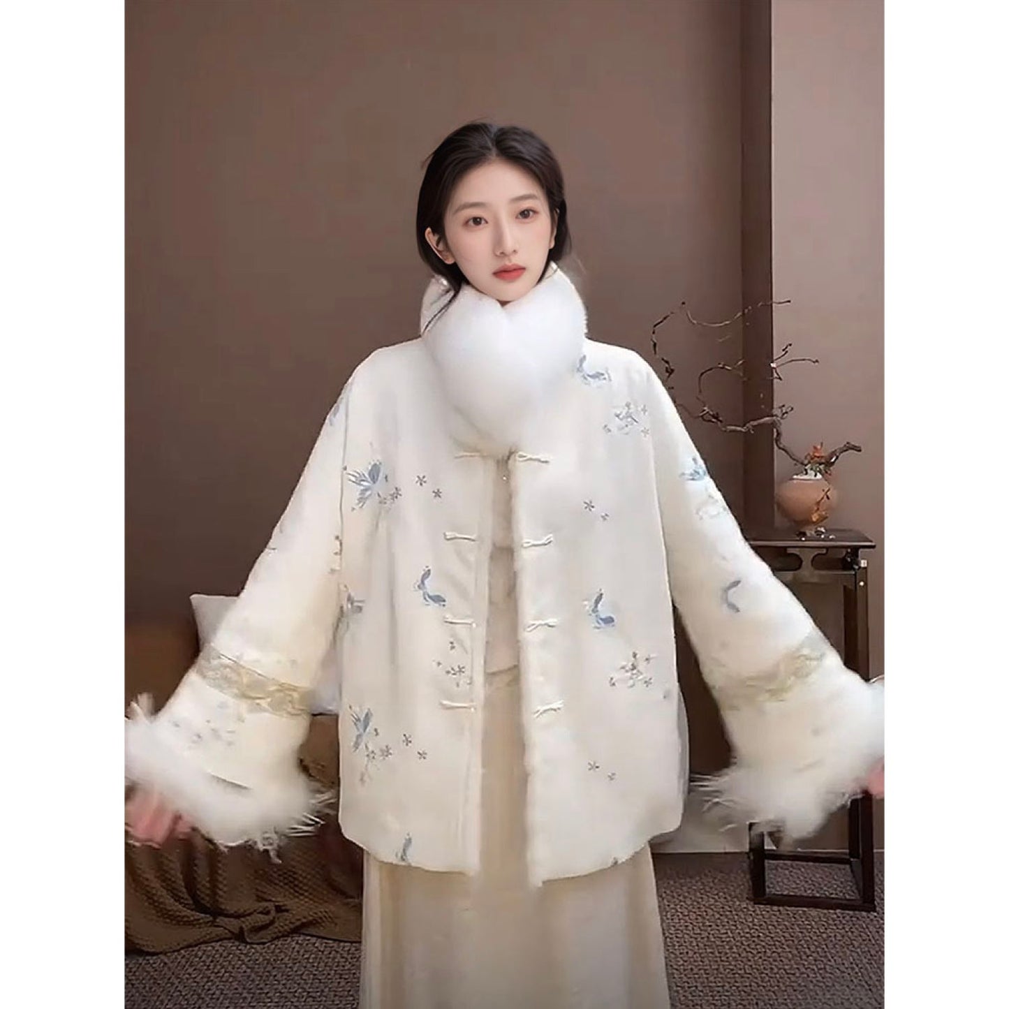 Embroidered Jacket White Stylish Stitching Autumn Winter