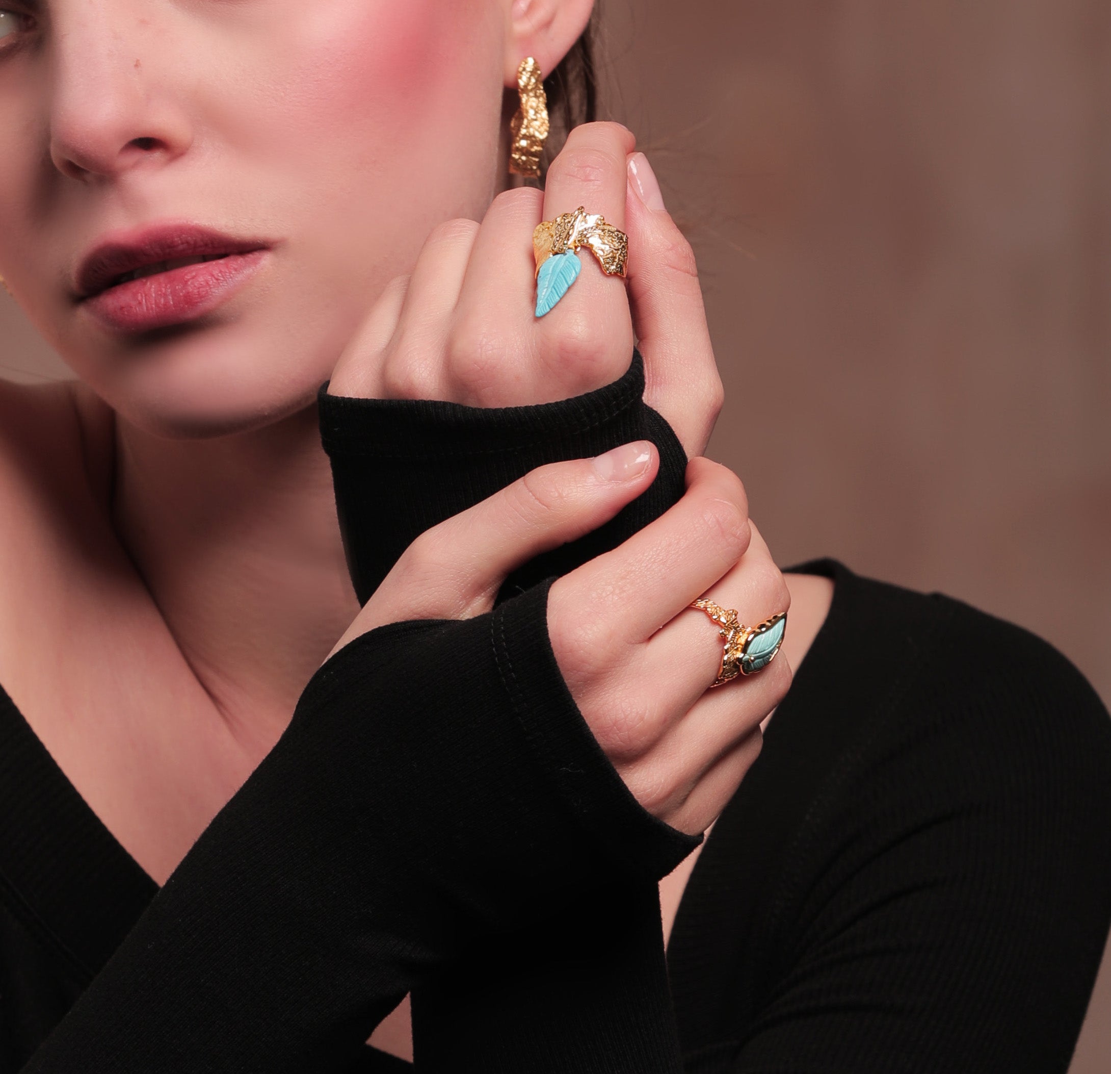 Natural Turquoise Engraved Leaves Ring