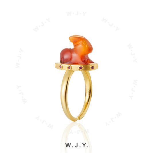 Handmade Engraved Red Agate Rabbit 24K Gold-plated Ring