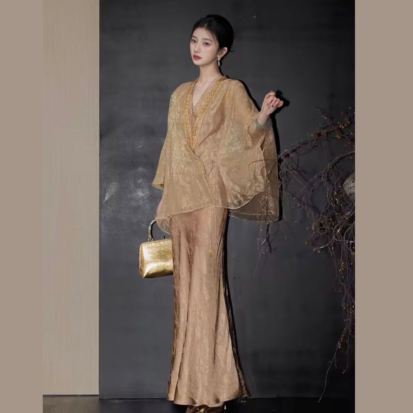 Embroidered Golden Cardigan Jacket Stylish Stitching Autumn Spring