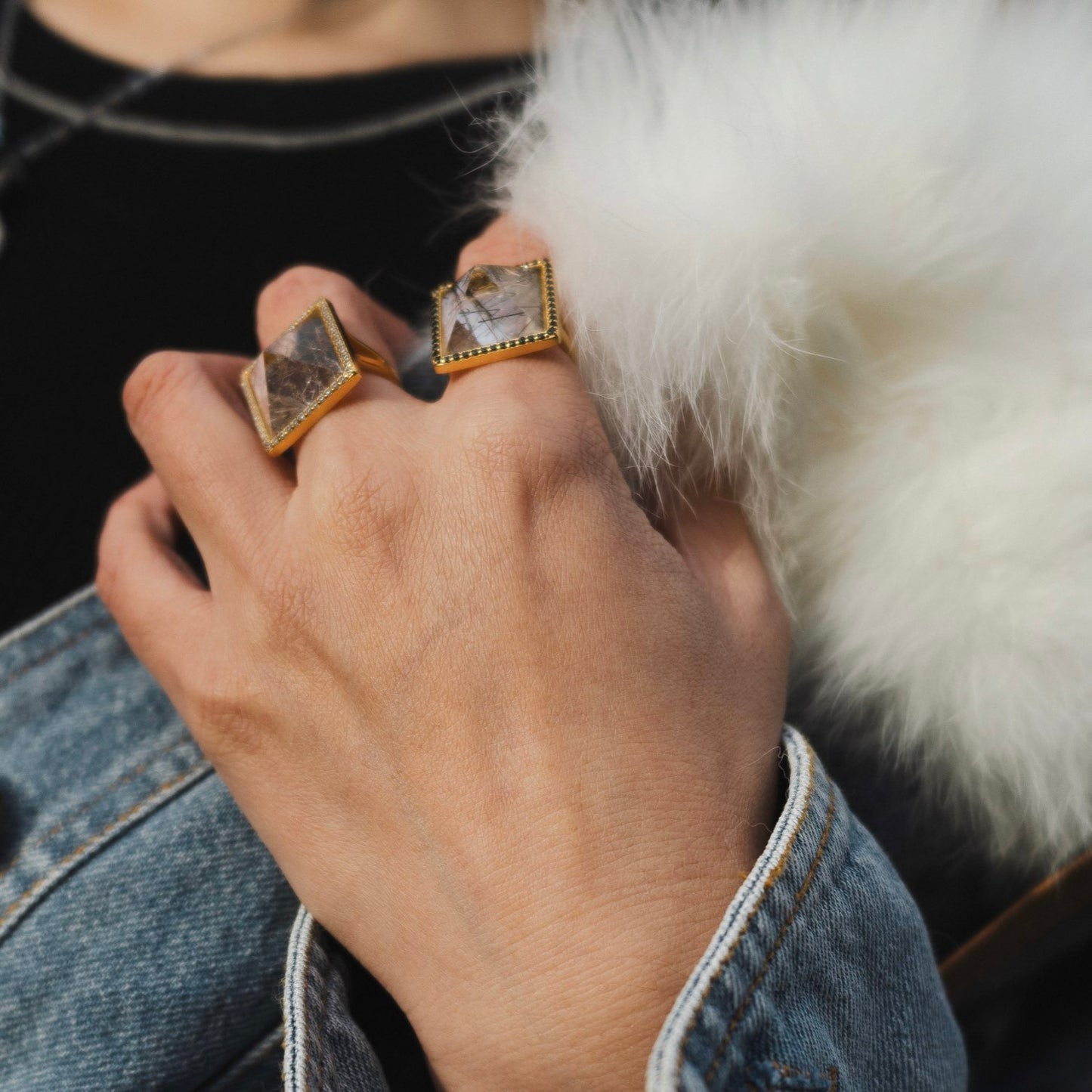 Pyramid Golden Rutilated Quartz Adjustable Ring