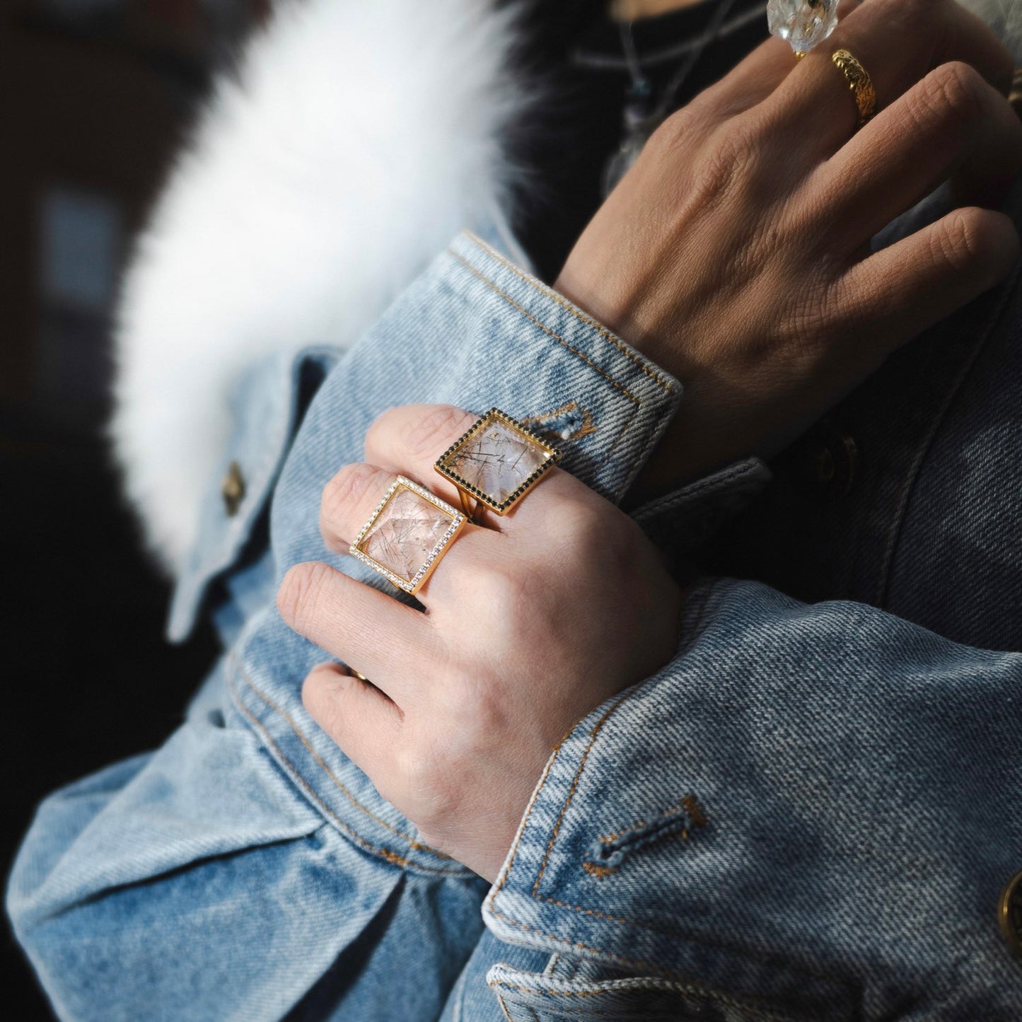 Pyramid Golden Rutilated Quartz Adjustable Ring