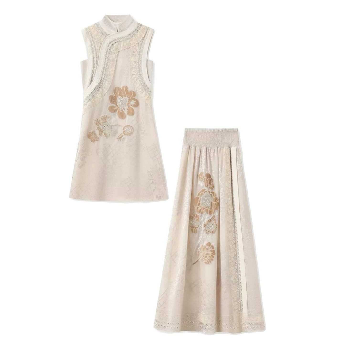 Beige Embroidered Floral Collar Vest & Skirt Co-Ord Set