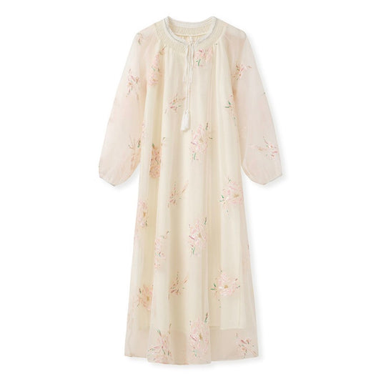 Embroidered Cream Flower Romantic Dress
